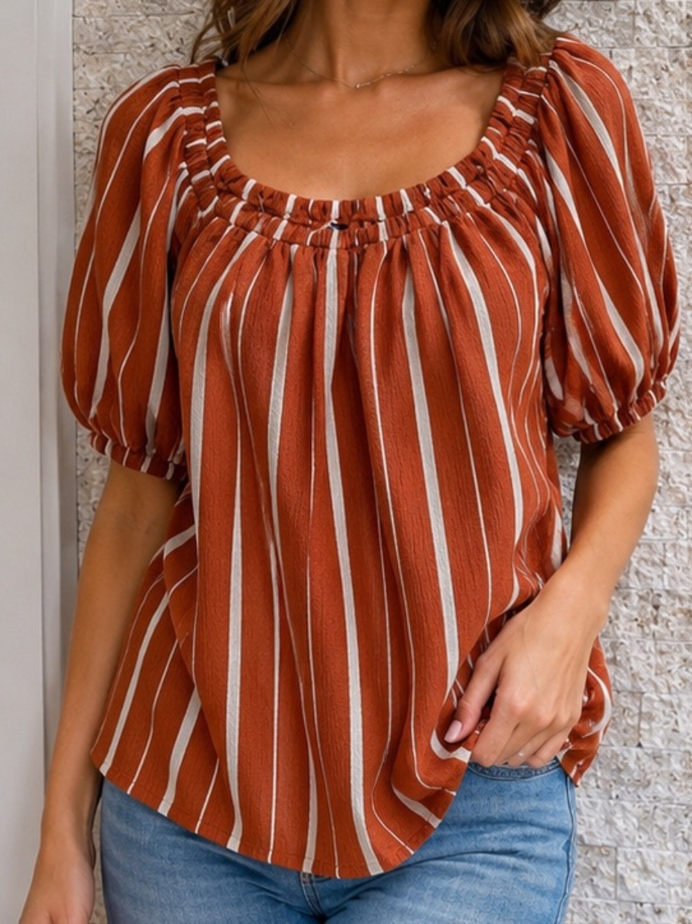 Anthropologie Rust and‎ Cream Striped Off-Shoulder Top size S